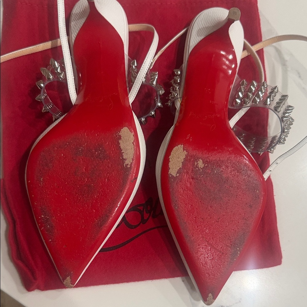 Christian Louboutin White and Silver Studded Heels - Picture 4 of 9